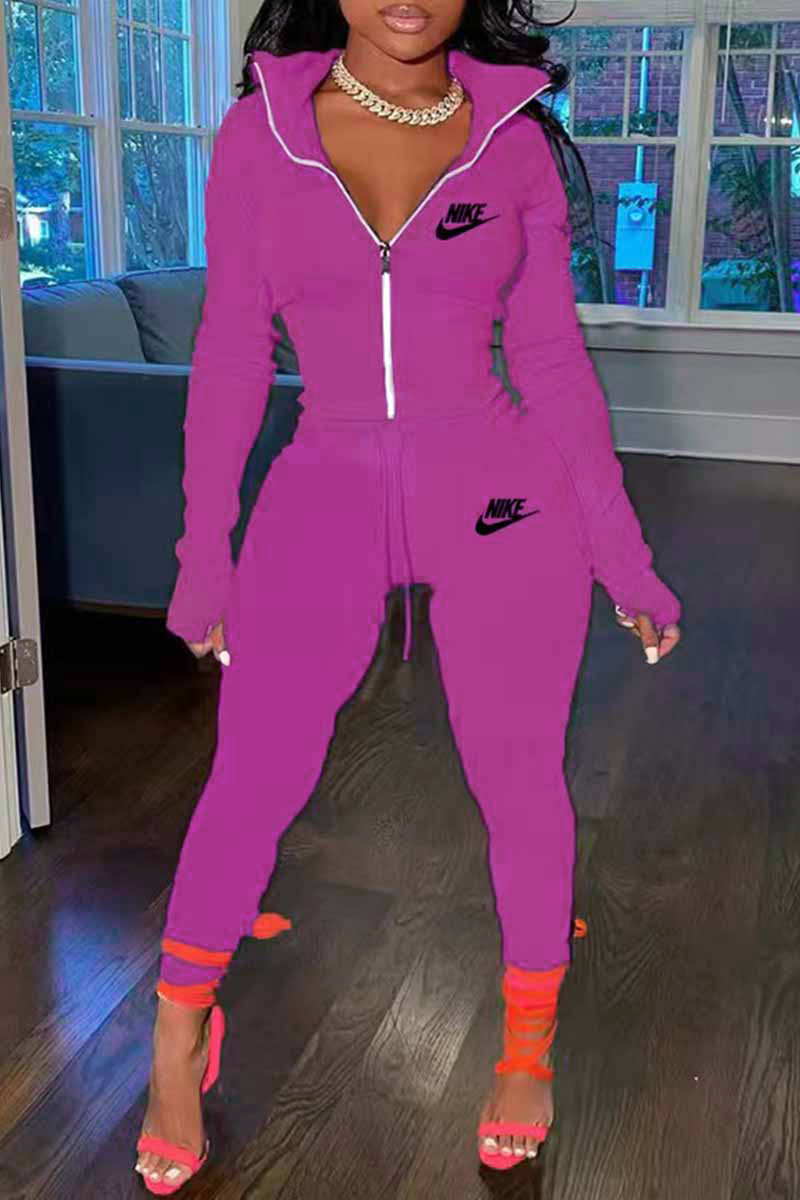 

Dark Purple Sportswear Print Letter Turndown Collar Long Sleeve Two Pieces