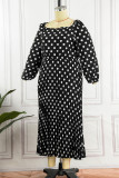 Vestidos casuais pretos com estampa de pontos patchwork gola quadrada manga longa plus size