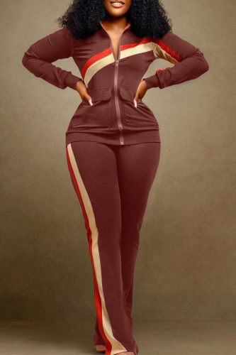 Coffee Casual Solid Patchwork Zipper Collar Long Sleeve Two Pieces