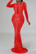 Red Sexy Solid Patchwork Durchsichtige Hot Drill O Neck Abendkleid Kleider