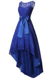 弓 O の首のイブニング ドレスの服と非対称の青いセクシーな形式的な固体パッチワーク