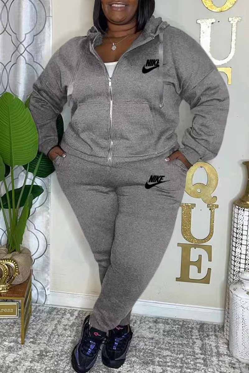 

Grey Casual Print Letter Hooded Collar Long Sleeve Two Pieces