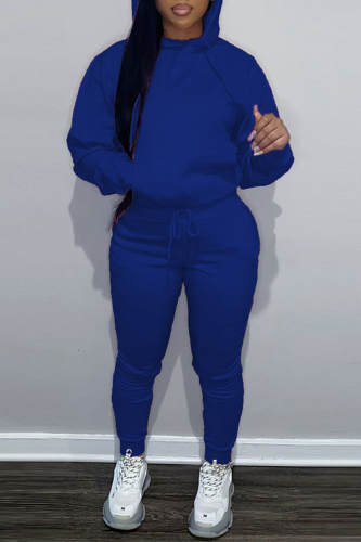 Blue Casual Hooded Collar Long Sleeve Sweatshirt And Pants Sportwear Two Piece Jogger Set