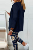 Calças Cardigan Azul Tibetano Estampado Casual Patchwork Colarinho Virado Manga Longa Duas Peças
