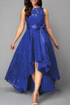 Blå Sexig Formella Solid Patchwork Asymmetrisk med rosett O-hals aftonklänning klänningar