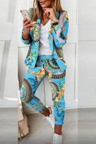 Pantaloni cardigan patchwork con stampa casual azzurro cielo colletto con risvolto manica lunga due pezzi