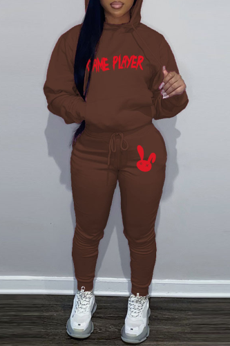 Brown Casual Letter Print Hooded Collar Long Sleeve Sweatshirt And Pants Sportwear Two Piece Jogger Set