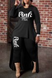 Black Casual Print Letter Asymmetrical O Neck Long Sleeve Two Pieces