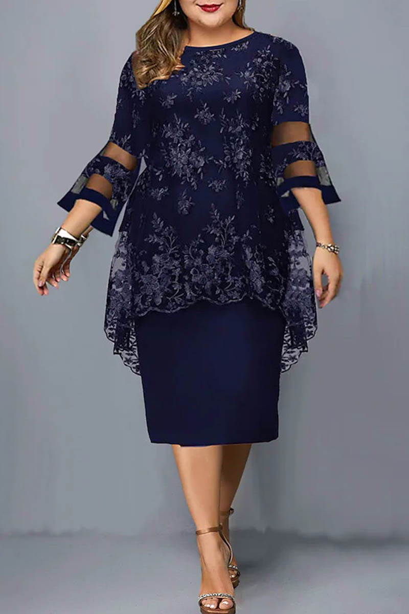 

Deep Blue Casual Solid Embroidered Patchwork O Neck Plus Size Dresses