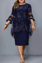 ディープ ブルー カジュアル ソリッド 刺繍 パッチワーク O ネック プラス サイズ ドレス
