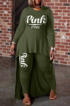 Green Casual Print Letter Asymmetrical O Neck Long Sleeve Two Pieces