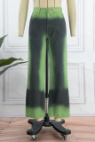 Groene casual jeans met patchwork en hoge taille met straatprint