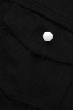 Schwarze, lässige, solide, bestickte Patchwork-Schnalle mit Umlegekragen, Langarm-Jeansjacke