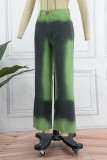 Grüne Patchwork-Jeans mit hoher Taille und lässigem Street-Print