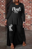Black Casual Print Letter Asymmetrical O Neck Long Sleeve Two Pieces