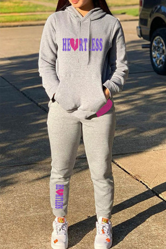 Grey Casual Letter Print Patchwork Hooded Collar Long Sleeve Two Pieces