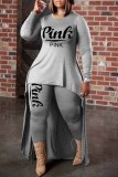 Grey Casual Print Letter Asymmetrical O Neck Long Sleeve Two Pieces