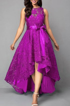 Фиолетовый сексуальный формальный твердый пэчворк асимметричный с бантом O-образным вырезом вечернее платье платья