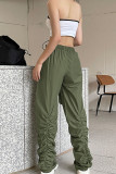 Green Casual Street Solid Patchwork Pocket Fold Straight High Waist Straight Solid Color Bottoms