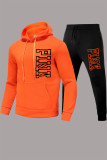 Orange Casual Letter Print Basic Hooded Collar Long Sleeve Two Pieces
