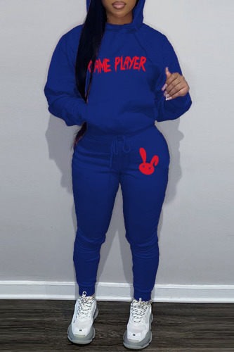 Blue Casual Letter Print Hooded Collar Long Sleeve Sweatshirt And Pants Sportwear Two Piece Jogger Set