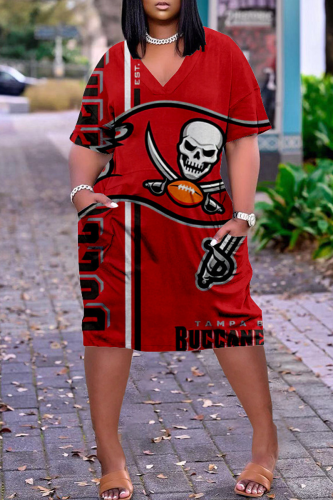 Red Casual Print Patchwork V Neck Straight Dresses
