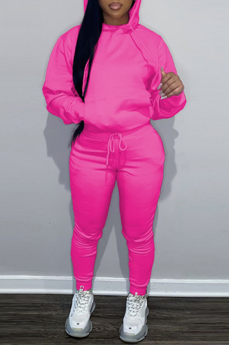 Rose Red Casual Hooded Collar Long Sleeve Sweatshirt And Pants Sportwear Two Piece Jogger Set