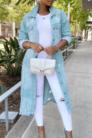 Light Blue Casual Solid Ripped Patchwork Turndown Collar Long Sleeve Regular Denim Jacket