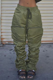 Verde casual rua sólido retalhos bolso dobrável em linha reta cintura alta reta cor sólida bottoms