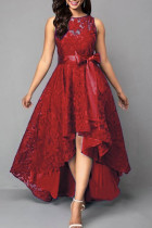 Rojo sexy formal sólido patchwork asimétrico con lazo cuello redondo vestido de noche Vestidos