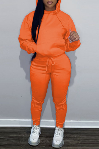 Orange Casual Hooded Collar Long Sleeve Sweatshirt And Pants Sportwear Two Piece Jogger Set