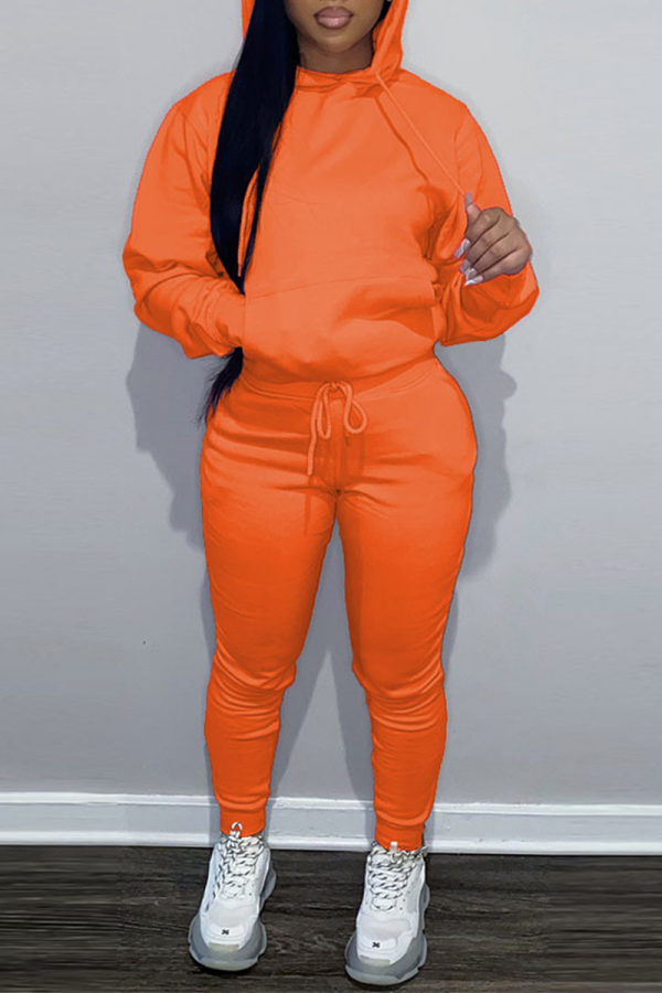 オレンジカジュアルソリッドパッチワークフード付きカラー長袖ツーピース
