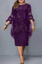 Фиолетовые повседневные сплошные вышитые пэчворк с круглым вырезом Платья больших размеров