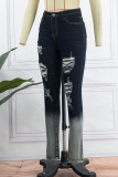 Calça jeans preta casual com estampa de rua rasgada e patchwork cintura alta