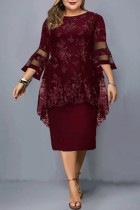 Burgundy Casual Solid Embroidered Patchwork O Neck Plus Size Dresses