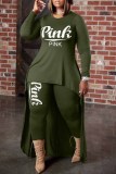 Green Casual Print Letter Asymmetrical O Neck Long Sleeve Two Pieces