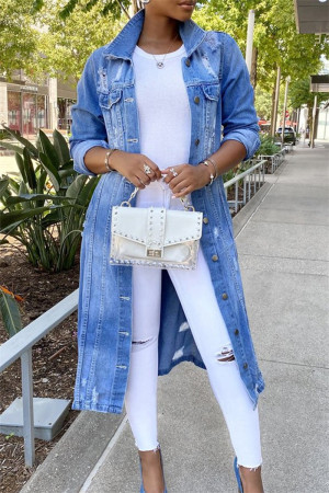 Blue Casual Solid Ripped Patchwork Turndown Collar Long Sleeve Regular Denim Jacket