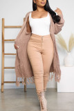 Light Brown Casual Solid Tassel Patchwork Cardigan Collar Outerwear