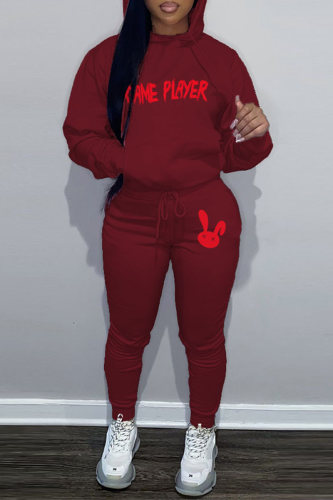 Burgundy Casual Letter Print Hooded Collar Long Sleeve Sweatshirt And Pants Sportwear Two Piece Jogger Set