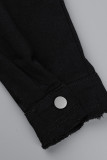 Chaqueta casual de mezclilla de manga larga con cuello vuelto y hebilla bordada sólida de calle negro