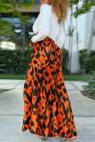 Vestidos de manga comprida laranja estampado casual patchwork fenda decote em v