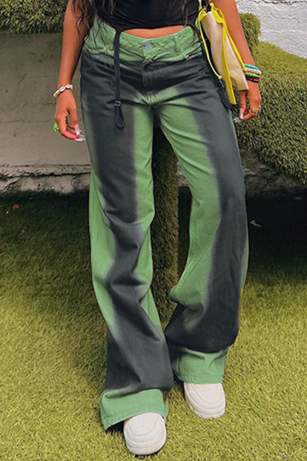 Jeans in denim a vita alta patchwork con stampa casual verde