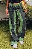 Grüne Patchwork-Jeans mit hoher Taille und lässigem Street-Print