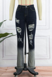 Calça jeans preta casual com estampa de rua rasgada e patchwork cintura alta