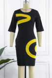 ブラックカジュアルプリントパッチワークOネックワンステップスカートドレス