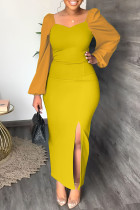 黄色のファッションカジュアルソリッドスリットスクエアカラー長袖ドレス
