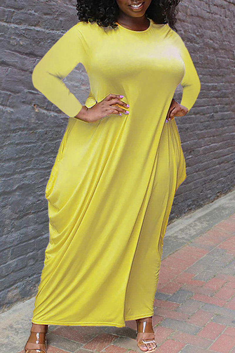 

Yellow Casual Solid Patchwork Asymmetrical O Neck Irregular Dress Plus Size Dresses