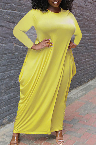 Gele casual effen patchwork asymmetrische O-hals onregelmatige jurk Grote maten jurken