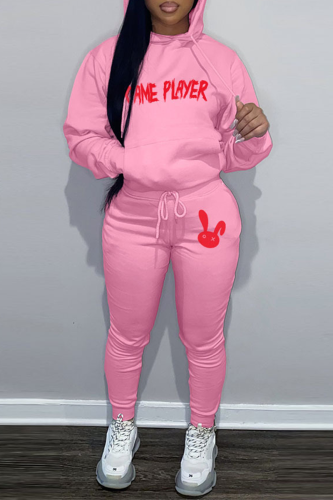 Pink Casual Letter Print Hooded Collar Long Sleeve Sweatshirt And Pants Sportwear Two Piece Jogger Set