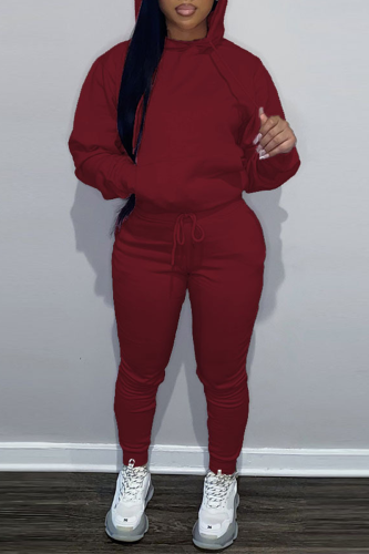 Burgundy Casual Hooded Collar Long Sleeve Sweatshirt And Pants Sportwear Two Piece Jogger Set